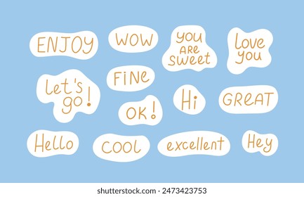 Set of speech bubbles with phrases, quotes, compliments, blue background. Cartoon icons, stickers, vector