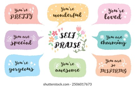 Set of speech bubbles with phrases, quotes, compliments self love, self praise. Encouraging cute affirmations. Quotes about love for yourself, self love. Typography for cards, posters, t-shirts, badge