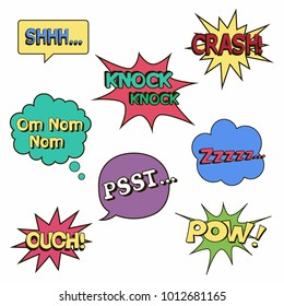 Set of speech bubbles. Pop art objects. Om Nom Nom. Zzzzz... Knock Knock. Ouch. Shhh... Pow. Crash. Psst... Vector illustration.