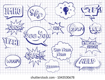 Reihe von Sprachblasen. Pop-Kunstobjekte. Färben von Seiten.Om Nom Nom. Zzzzz... Knock Knock. LOL! IMHO. Ok!  SOS! Hilfe! Donnerwetter! Oh! Wir sehen uns! WTF?! ROLF!Ja! Absturz! Eureka!  Vektorgrafik.