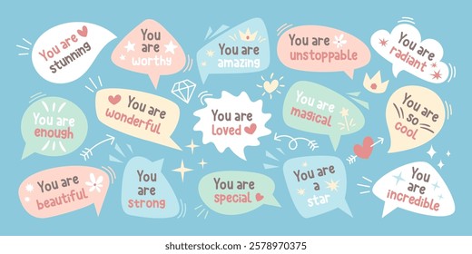 Set of speech bubbles with positive affirmations and self love quotes, cute hand-drawn style