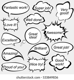 Set of speech bubbles with positive feedback messages