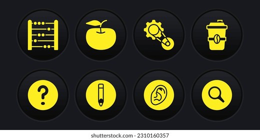 Set Speech bubbles with Question, Coffee cup to go, Pencil, Ear listen sound signal, Timing belt kit, Apple, Magnifying glass and Abacus icon. Vector