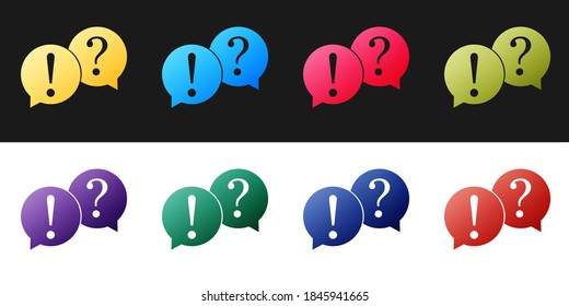 Set Speech bubbles with Question and Exclamation marks icon isolated on black and white background. FAQ sign. Copy files, chat speech bubble. Vector.
