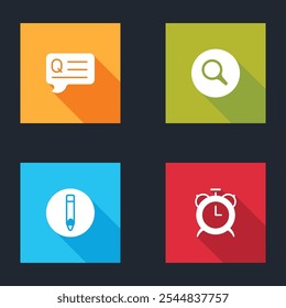 Set Speech bubbles with Question, Magnifying glass, Pencil and Alarm clock icon. Vector