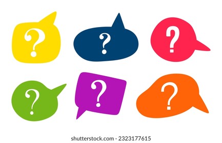 Set of speech bubbles with question marks. Collection of colorful speech balloon, chat bubble or dialog boxes with question or interrogation signs isolated on white background. Vector