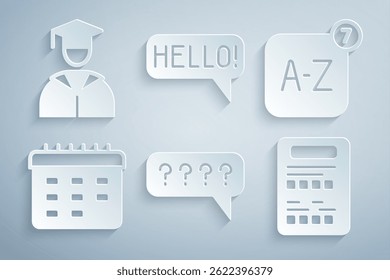 Set Speech bubbles with Question, Online translator, School timetable, Exam sheet, Hello different languages and Graduate and graduation cap icon. Vector