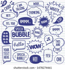 Set of speech bubbles related objects and elements. Hand drawn vector doodle illustration collection in blue ballpoint sketch style. Grouped with text easily removed.