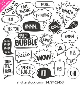 Set of speech bubbles related objects and elements. Hand drawn doodle illustration collection isolated on white background. Grouped with text easily removed. Editable stroke/outline.