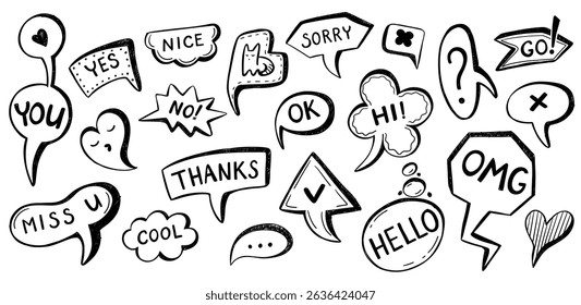 Set of speech bubbles short phrases. Typography design messages, yes, ok, no, hi, omg, hello, go, thanks. Hand draw vector illustration