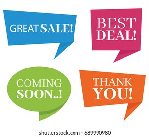 Set of speech bubbles with signs, great sale, best deal, coming soon, thank you