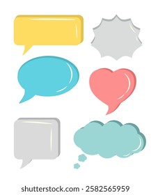 set of speech bubbles. six colorful speech and thought bubbles in various shapes, including rectangular, oval, heart-shaped, and cloud-like designs.
