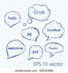 Set speech bubbles sketch by hand on a checkered sheet notebook. Painted blue pen. Hand drawing lines. Love,hi, hello, welcome, bye, Thanks, goodbye.