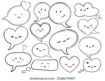 Set of speech bubbles with smiling faces. Talking and thinking clouds with cartoon characters. Collection of emoji design elements for St Valentines day, comic books, design.