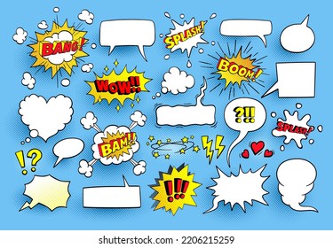 Set of speech bubbles and sound effects. Comic book style. Halftone shadows. svg