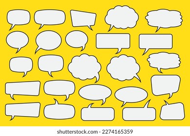 Juego de burbujas de voz. Texto de burbuja, cuadro de diálogo de dibujos animados, cuadro de mensaje. Bombillas de voz blancas vectoriales vacías en el fondo amarillo. Diseño de palabras en globo de dibujos animados.