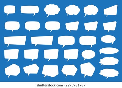 Set of speech bubbles. Speak bubble text, cartoon chatting box, message box. Blank empty vector white speech bubbles on blue background. Cartoon balloon word design.