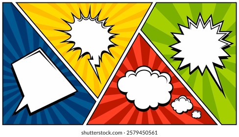 Set of speech bubbles. Speak bubble text, cartoon chatting box, message box. Blank empty speech bubbles in colorful background