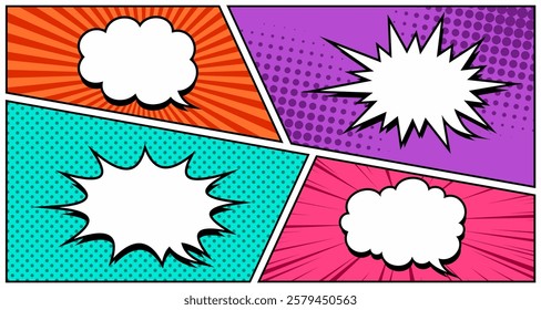 Set of speech bubbles. Speak bubble text, cartoon chatting box, message box. Blank empty speech bubbles in colorful background