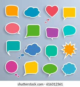 Set of speech bubbles stickers with shadows on the gray background. Vector illustration. 