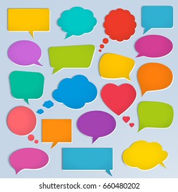 Set of speech bubbles stickers with shadows on the gray background.Can by used to indicate communication, dialog, for infographics. Vector illustration