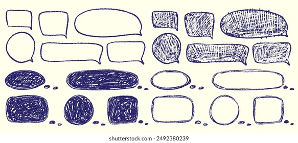 Set of speech bubbles in the style of handwritten scribble doodles in chalk for poster, social media. Rough grunge brush texture of a child's or teenager's pencil drawing.