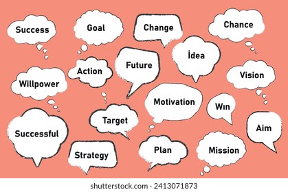 set of speech bubbles with success phrases.Cartoon icons, stickers.