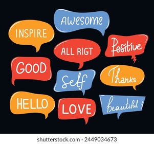 Set of speech bubbles and talks clouds with phrases. Vector illustration. Isolated. Quotes and slang. Trendy comic style. Online chat. Conversation with words. Comments and conversation. Hand drawn.