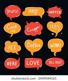 Set of speech bubbles and talks clouds with phrases. Vector illustration. Isolated. Quotes and slang. comic style. Online chat. Conversation with words. Comments and conversation. Chatting and message