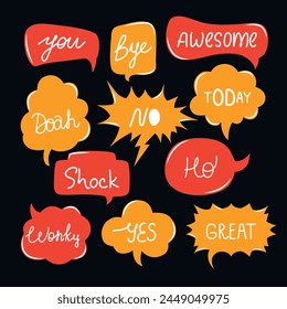 Set of speech bubbles and talks clouds with phrases. Vector illustration. Chatting and messages. Quotes and slang. Trendy comic style. Online chat. Conversation with words. Comments and conversation. 