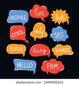 Set of speech bubbles and talks clouds with phrases. Vector illustration.Chatting and messages.Quotes and slang. Trendy comic style. Online chat. Conversation with words.  Trend conversation. 