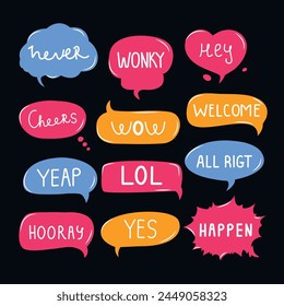 Set of speech bubbles and talks clouds with phrases. Vector illustration. Chatting and messages. Quotes and slang. Trendy comic style. Conversation with words. 