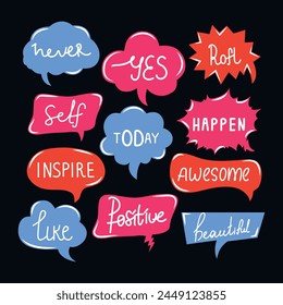 Set of speech bubbles and talks clouds with phrases. Vector illustration. Chatting and messages. Quotes and slang. Trendy comic style. Conversation with words. Cute scribbles Sketchy elements