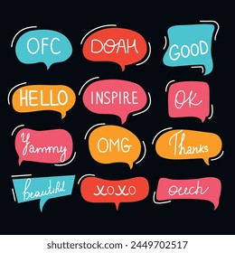 Set of speech bubbles and talks clouds with phrases. Vector illustration.Chatting and messages.Quotes and slang. Trendy comic style. Conversation with words. Sketchy scribbles elements