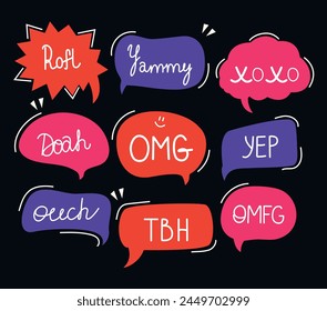 Set of speech bubbles and talks clouds with phrases. Vector illustration. Chatting and messages. Quotes and slang. Calligraphy and lettering. Conversation with words.  Sketchy scribbles elements.