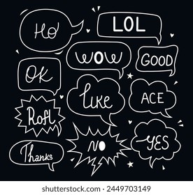 Set of speech bubbles and talks clouds with phrases. Quotes and slang. Calligraphy and lettering. Conversation with words. Sketchy scribbles elements. Abbreviation and arrows. Editable stroke