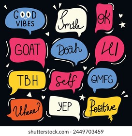 Set of speech bubbles and talks clouds with phrases. Vector illustration. Quotes and slang. Calligraphy and lettering. Conversation with words. Elements. Abbreviation and arrows. Editable stroke, y2k