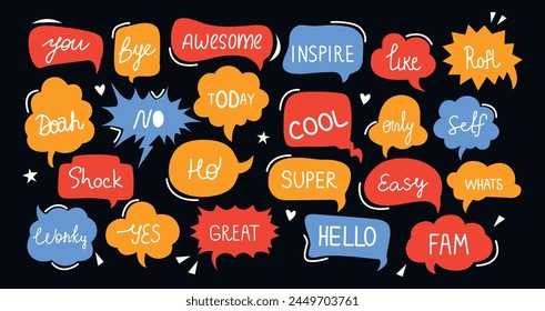 Set of speech bubbles and talks clouds with phrases. Quotes and slang. Calligraphy and lettering. Conversation with words. Sketchy scribbles elements. Abbreviation and arrows. Editable stroke, y2k 