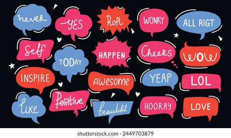 Set of speech bubbles and talks clouds with phrases.Quotes and slang. Calligraphy and lettering. Conversation with words. Scribbles elements. Editable stroke, y2k speak, figure