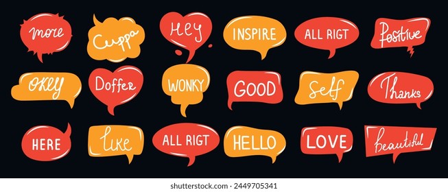 Set of speech bubbles and talks clouds with phrases.Quotes and slang. Calligraphy and lettering. Conversation with words. Scribbles elements. 