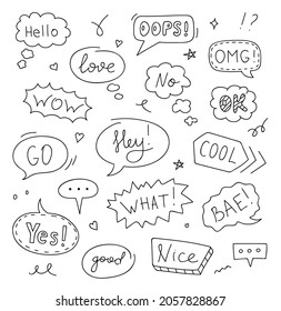 Set Of Speech Bubbles With Text: Hello, Love, Ok, Wow, No. Doodle Sketch Style. Vector Illustration.