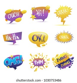 Set of speech bubbles with text isolated on white background.
