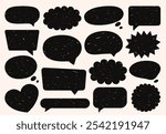 Set of speech bubbles in various shapes. Crayon communication frames. Black and white.Textbox in doodle style. Dialogue cloud, chat icons with grunge texture. Hand drawn vector text boxes for cards.