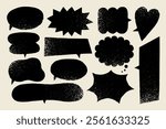 Set of speech bubbles in various shapes. Crayon communication frames. Black and white.Textbox in doodle style. Dialogue cloud, chat icons with grunge texture. Hand drawn vector text boxes for cards.