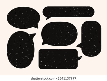 Set of speech bubbles in various shapes. Crayon communication frames. Black and white.Textbox in doodle style. Dialogue cloud, chat icons with grunge texture. Hand drawn vector text boxes for cards.