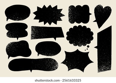 Set of speech bubbles in various shapes. Crayon communication frames. Black and white.Textbox in doodle style. Dialogue cloud, chat icons with grunge texture. Hand drawn vector text boxes for cards.