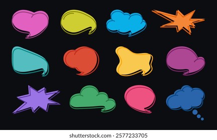 Set of speech bubbles of various shapes. Collection multicolored cloud. Dialog or message boxes. Hand drawn vector illustration isolated on black background, flat cartoon style.