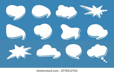 Set of speech bubbles of various shapes. Collection of different cloud. Dialog or message boxes. Hand drawn vector illustration isolated on blue background, flat cartoon style.