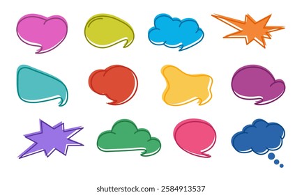 Set of speech bubbles of various shapes. Collection multicolored cloud. Dialog or message boxes. Hand drawn vector illustration isolated on white background, flat cartoon style.