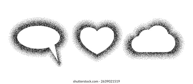 Set of speech bubbles of various shapes with black grainy texture isolated on white background. Word cloud, heart, speech balloon. Dust overlay. Charcoal splashes